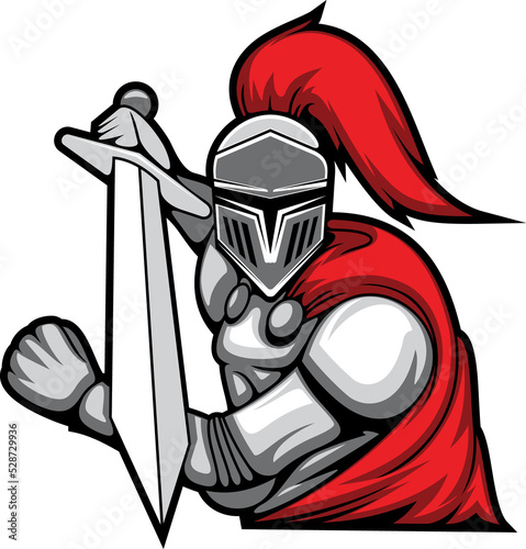 Fighting knight in red cloak and feather in helmet photo