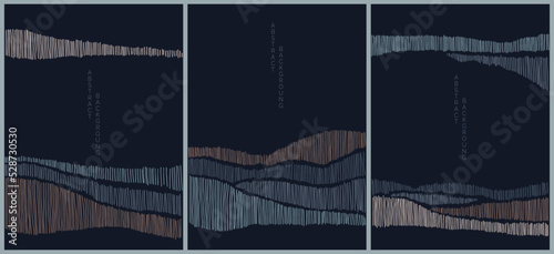 vector abstract japanese style landscapes lined waves in black background and colored lines	