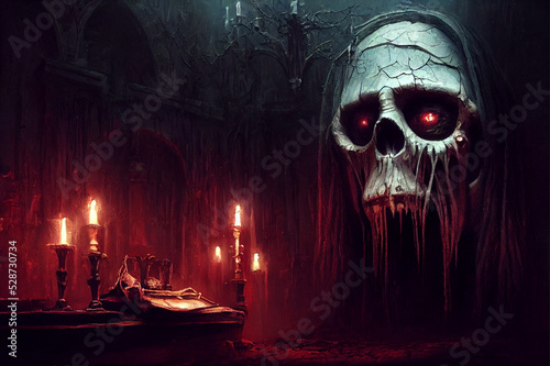 scary halloween skull hovering over the entrance of a spooky crypt