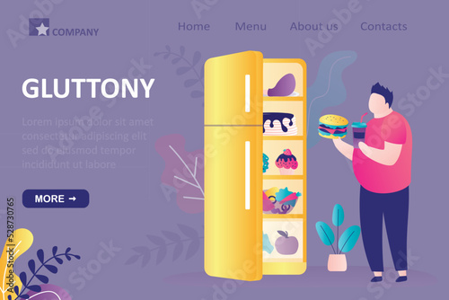 Fat man overeating unhealthy meals. Guy with obesity problems stands near refrigerator full of junk food