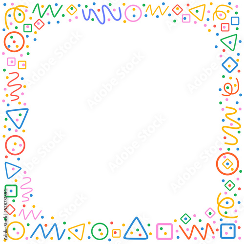 Colorful frame pattern. Circles, triangles, serpentine, dots, squares, rhombus and zigzag. Fun colorful line doodle shapes on white background.