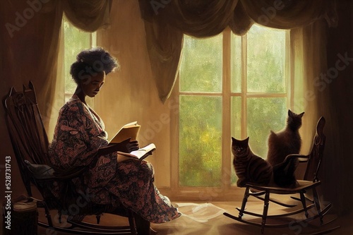 Woman and Black Kitty Reading Book