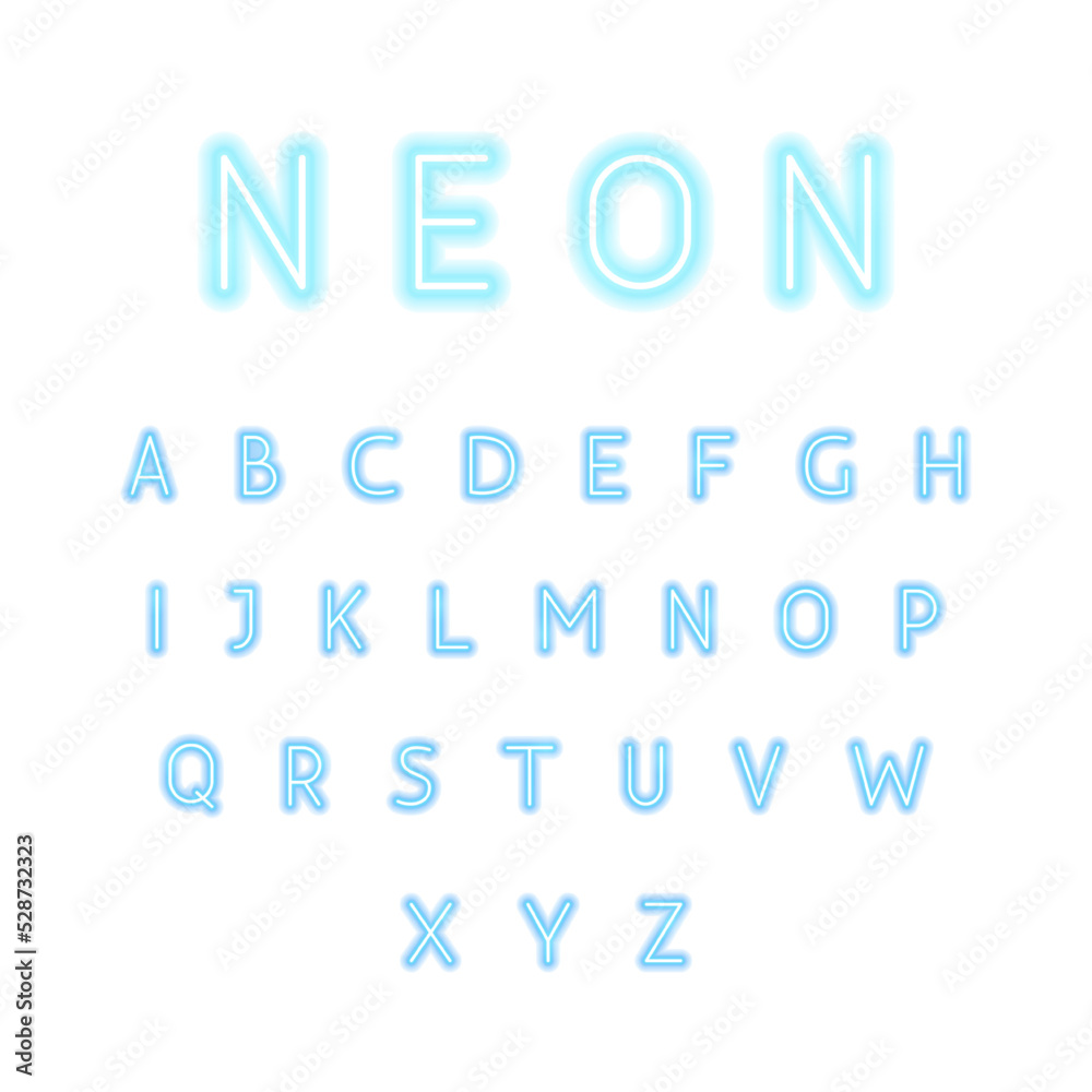 Blue Neon Alphabet Isolated. Vector Illustration of Glowing Bright Led Lamp over White Symbols.