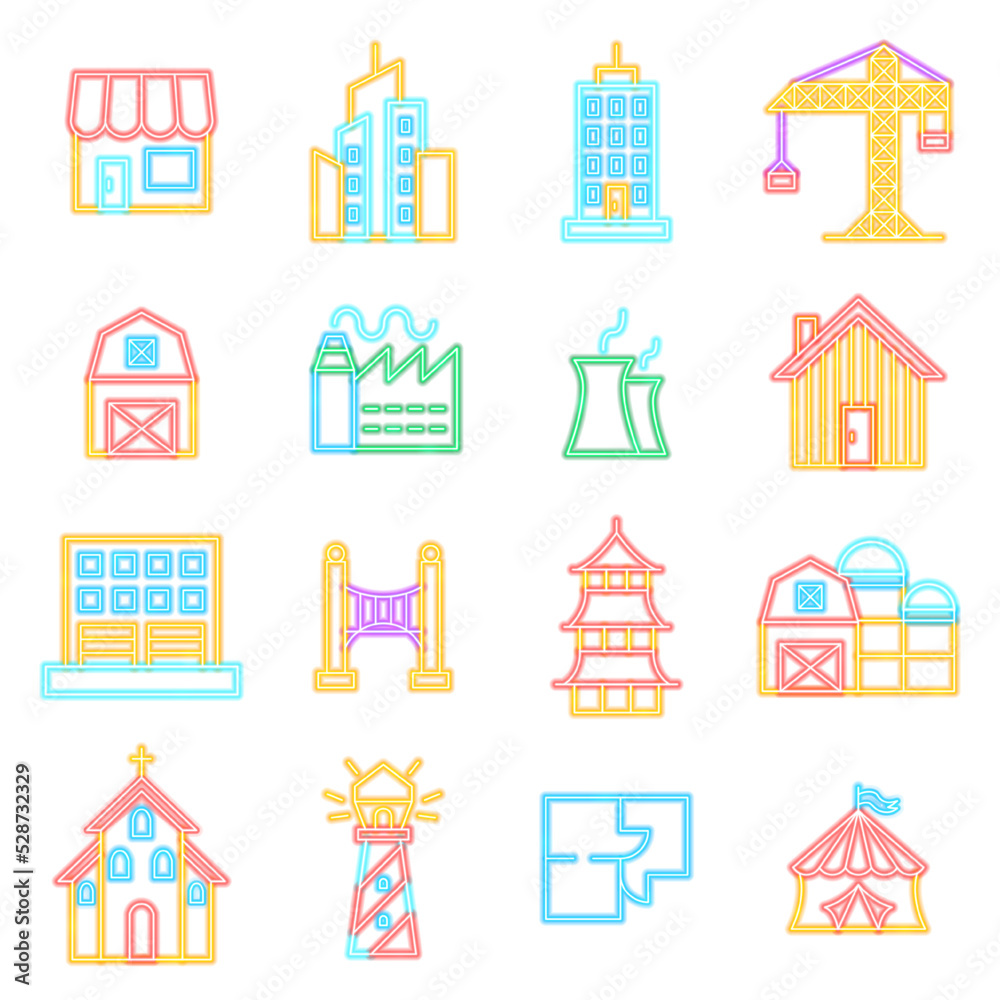 Building City Neon Icons Isolated. Vector Illustration of Glowing Bright Led Lamp over White Symbols. Building City Neon Icons Isolated. Vector Illustration of Glowing Bright Led Lamp over White Symbols.