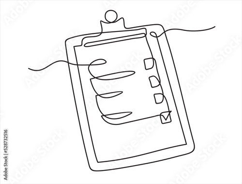 One continuous line drawing of checklist, clipboard