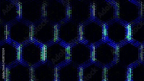 Grid of honeycombs in neon glow in blue-green tones