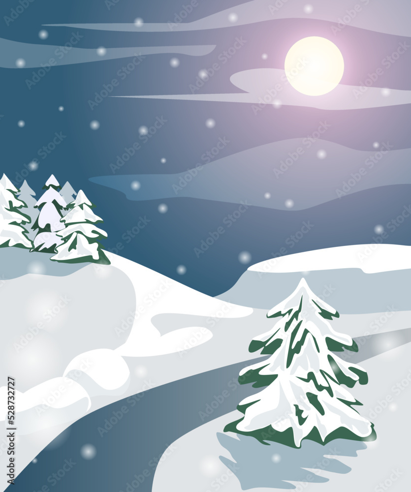 Snow-covered Christmas trees on the hills on a moonlit night