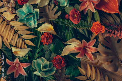 Fototapeta Naklejka Na Ścianę i Meble -  Nature background with green tropical leaves and multicolored flowers minimal summer abstract forest pattern or forest