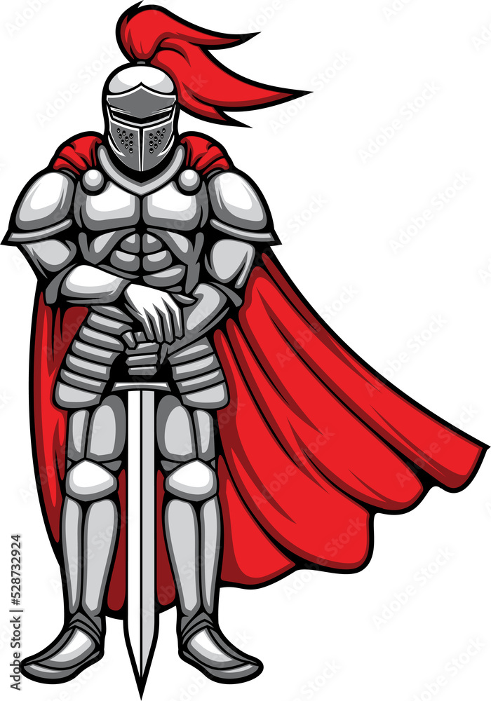 Fototapeta premium Knight in helmet, cloak, red feather helmet, sword