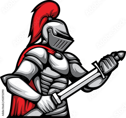 Templar knight in metal helmet and sword  cloak