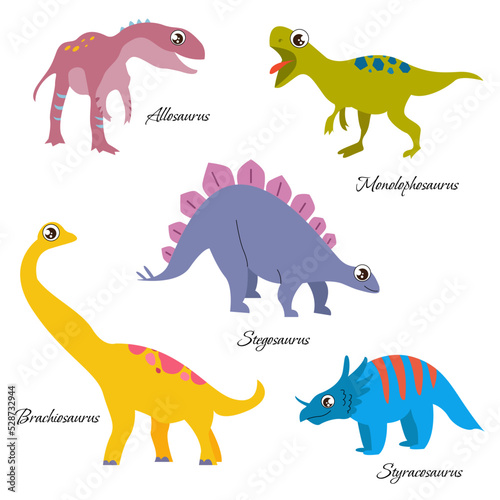 Vector cute cartoon isolated dinosaur set. Animal set  styracosaurus  allosaurus  monolophosaurus  brachiosaurus  styracosaurus