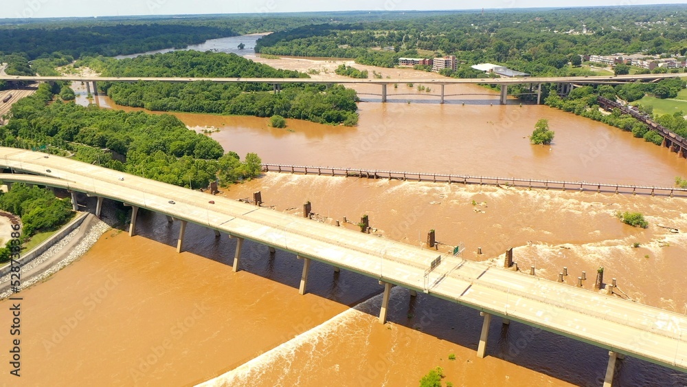 James River in Richmond, VA at flood level after rain from extreme weather in the South USA