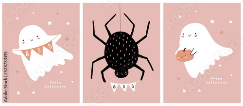 Cute Hand Drawn Halloween Cards. Little White Ghosts and Big Spider on a Pastel Pink Background. Happy Halloween. Sweet Little Ghosts, Funny Pumpkin and Black Spider. Kawaii Style Halloween Print.