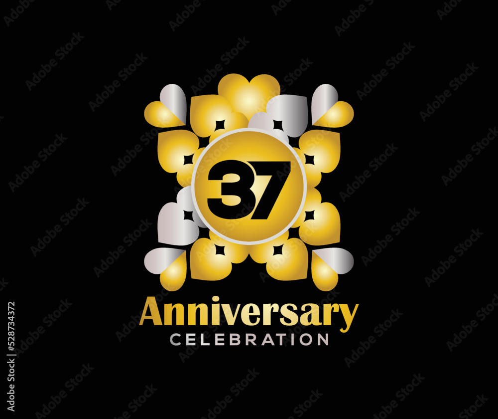 37 Years Anniversary Day. Company Or Wedding Used Card Or Banner Logo. Gold Or Silver Color Mixed Design