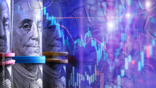 Принти на полотні Portrait of Franklin from a hundred dollar bill with Candlestick charts as a con