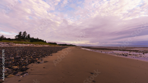 Utter solitude at break of dawn on a peaceful Haida Gwaii beach at low tide.