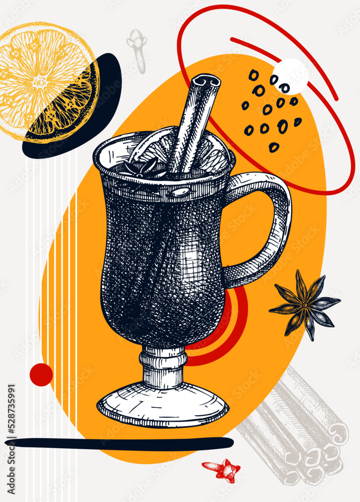Collage style mulled wine vector illustration. Sketched alcoholic drink. Trendy design with glass mug,geometric and abstract shapes. Hot cocktail for print, poster, card, social media - obrazy, fototapety, plakaty 