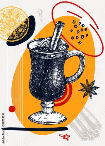 Collage style mulled wine vector illustration. Sketched alcoholic drink. Trendy design with glass mug,geometric and abstract shapes. Hot cocktail for print, poster, card, social media