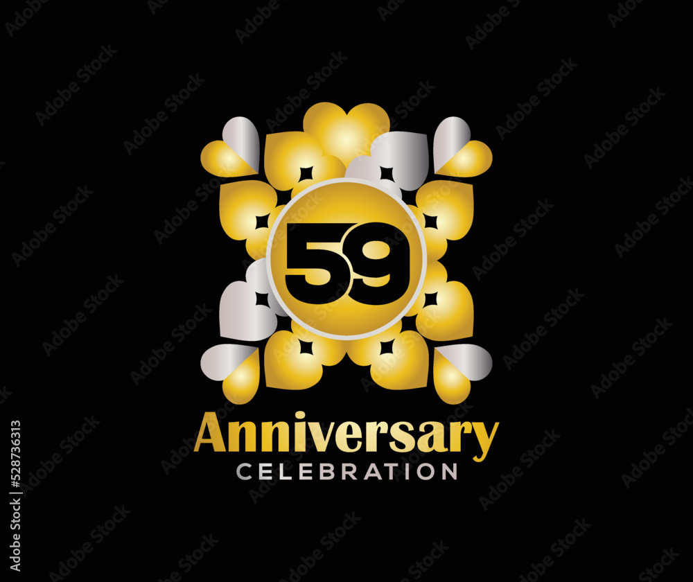 59 Years Anniversary Day. Company Or Wedding Used Card Or Banner Logo. Gold Or Silver Color Mixed Design 59 Years Anniversary Day. Company Or Wedding Used Card Or Banner Logo. Gold Or Silver Color Mixed Design