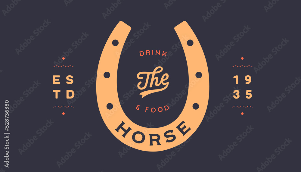 Logo lucky horseshoe. Text Horse, food and drink, gold horseshoe