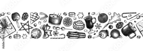 Christmas decoration - gifts, sweets, Christmas tree decor, candles, hot drinks and spices sketches. Vintage seamless ribbon for winter holiday. New Year background black and white.