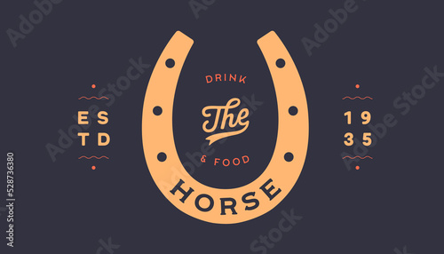 Logo lucky horseshoe. Text Horse, food and drink, gold horseshoe, graphic and lucky symbols. Design element, drawing, vintage hipster style, ribbon and good luck fortune sign. Vector Illustration