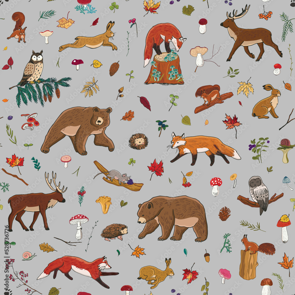 Fototapeta premium Forest animals: fox, bear, deer, owl, hare and nature objects: mushrooms, leaves, berries vector seamless pattern.