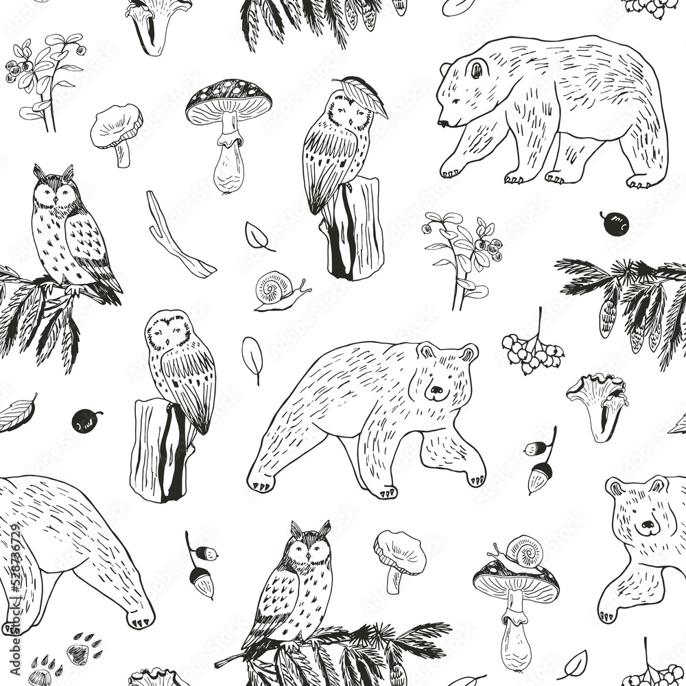 Forest animals: bear, owl vector seamless pattern.