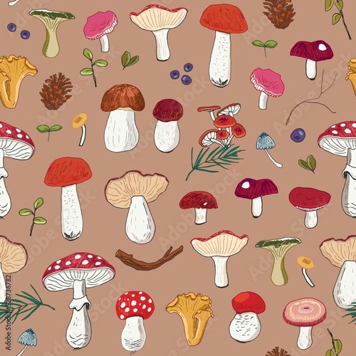 Forest autumn mushrooms vector seamless pattern.
