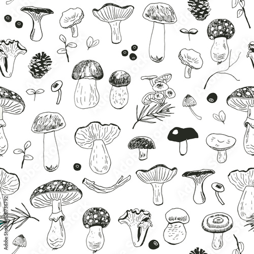 Forest autumn mushrooms vector seamless pattern.