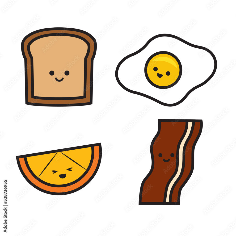 Happy smiling breakfast icon set with bacon egg toast and orange Happy smiling breakfast icon set with bacon egg toast and orange