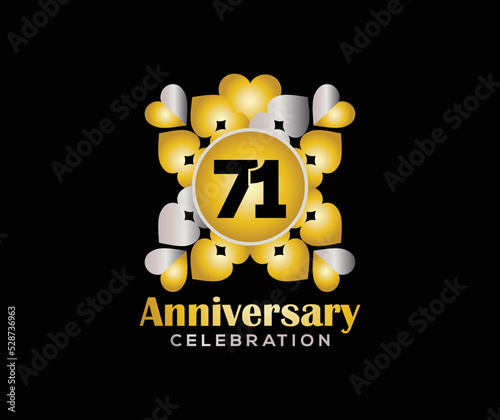 71 Years Anniversary Day. Company Or Wedding Used Card Or Banner Logo. Gold Or Silver Color Mixed Design