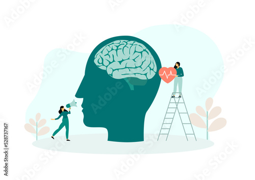 Mental health care treatment vector illustration concept. specialist doctor work to give psychology therapy. Tiny people character with screwdriver. Banner, poster, or social media printing.