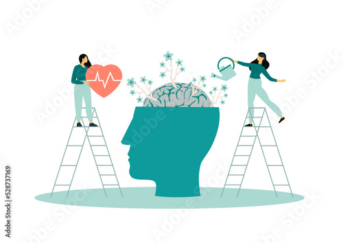 Mental health care treatment vector illustration concept. specialist doctor work to give psychology therapy. Tiny people character with screwdriver. Banner, poster, or social media printing.