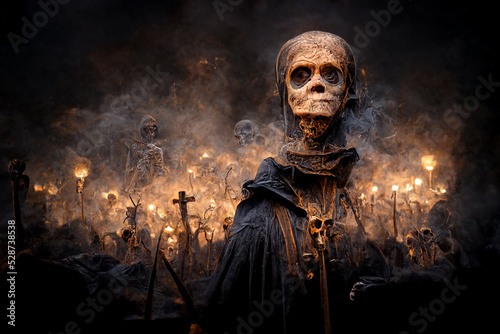 Grim reaper with haunted, creepy graveyard.Digital art