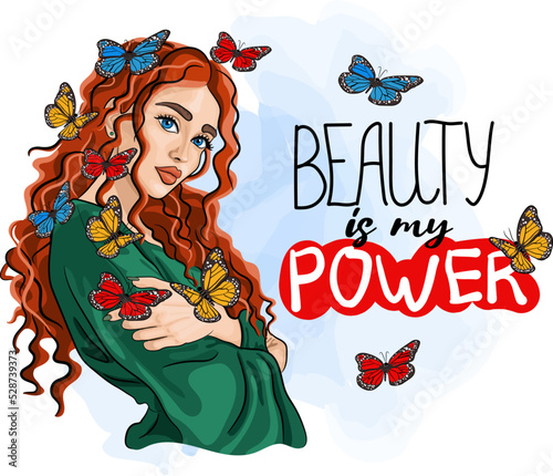 Beautiful girl in green dress with butterflies cartoon vector illustration. Red haired pretty woman face drawing. Elegant lady and beauty is my power phrase postcard. Greeting card, poster design idea
