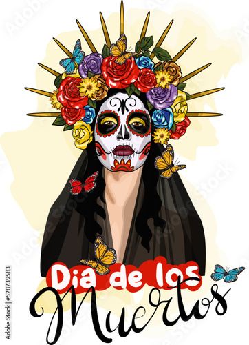 Dia de los muertos mexican holiday cartoon illustration. Day of the dead makeup with floral wreath fashion drawing. Woman with sugar skull. Halloween poster, greeting card design template with text