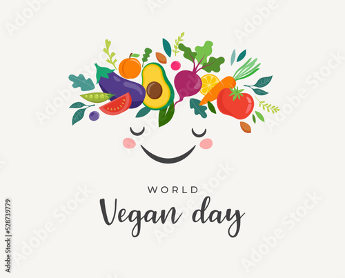 World Vegan Day, Concept Design. Cute character with vegetables crown, fruits, leaves and nuts. For Social Media promotions, sticker, banner, greeting cards
