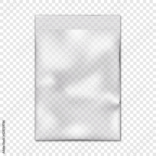 Clear vinyl resealable zipper pouch on transparent background vector mockup. Blank empty plastic bag with zip lock mock-up