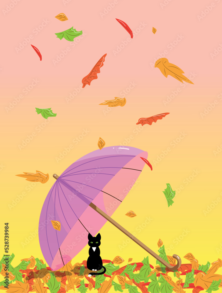 Obraz premium a cat sits under an umbrella and falling leaves