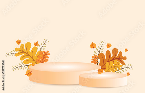 Brown cylindrical podium decorated with leaves. Autumn concept. Background for designing sales or advertising of fall festival products. vector illustration