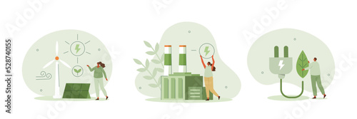Sustainability illustration set. Sustainable clean industrial factory, renewable energy sources and green electricity. Environmental, Social, and Corporate Governance concept. Vector illustration. photo