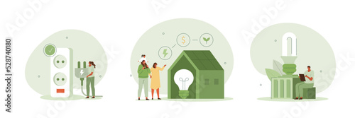 Sustainability illustration set. Characters reduce energy consumption at home, unplug appliances and use energy saving light bulb. Green electricity and power save concept. Vector illustration. photo