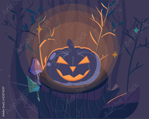 Jack o lantern Halloween pumpkin in the night wood. Horror vector illustration