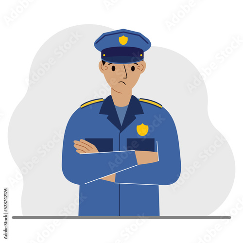 Police man. Profession policeman, security guard, patrolman in uniform.