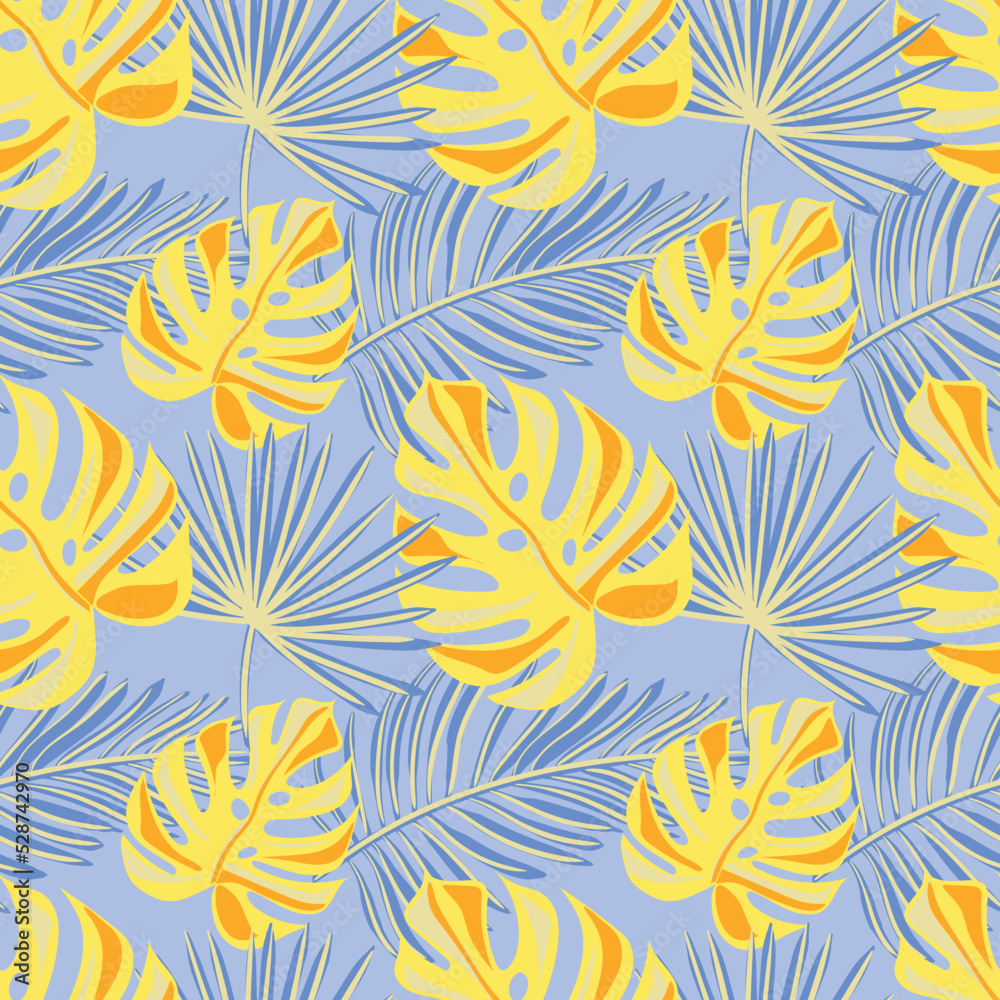 Vector seamless tropical pattern, vivid tropic foliage, with monstera leaf, palm leaves. Modern bright summer print design.