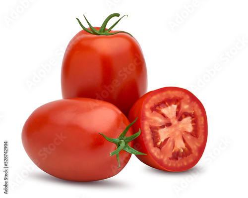 Italian, San Marzano, Pomodari, Plum or Roma Tomatoes isolated on white background including clipping path 
