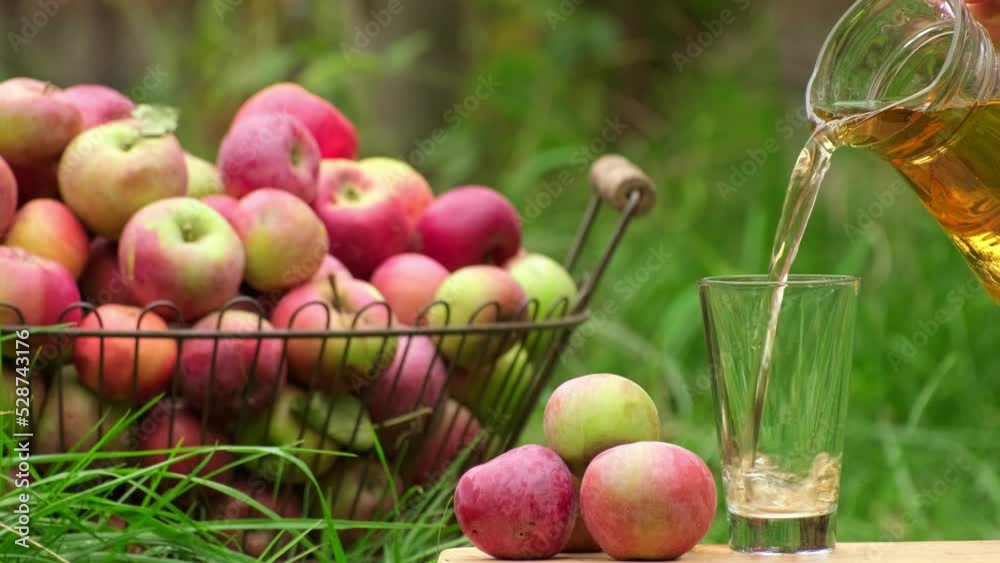 Apple juice on a wooden table in the garden, around it are apples. Farmer taking a jug and pour fresh juice into glass from the apple orchard. Pouring apple juice into a glass in a summer day outdoors Apple juice on a wooden table in the garden, around it are apples. Farmer taking a jug and pour fresh juice into glass from the apple orchard. Pouring apple juice into a glass in a summer day outdoors