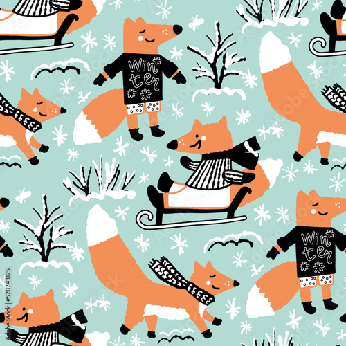 Winter seamless pattern with cute foxes.