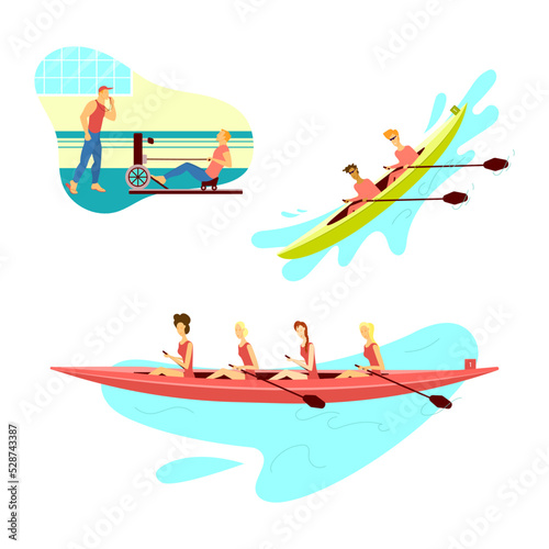 Extreme, Dangerous Water Sports, Active Recreation. Girls team in Rowing Boat. Young man training on a rowing machine near trainer. Group of People River Rafting on Inflatable Boat, Kayaking, Canoeing